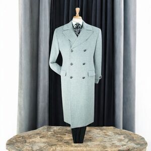 MEN'S VENO GIOVANNI 100% WOOL FULL LENGTH GREY DOUBLE BREASTED TOP COAT CB-7.